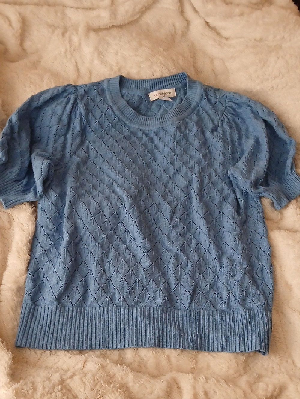 Light Blue Eyelet Knit Short Sleeve Sweater